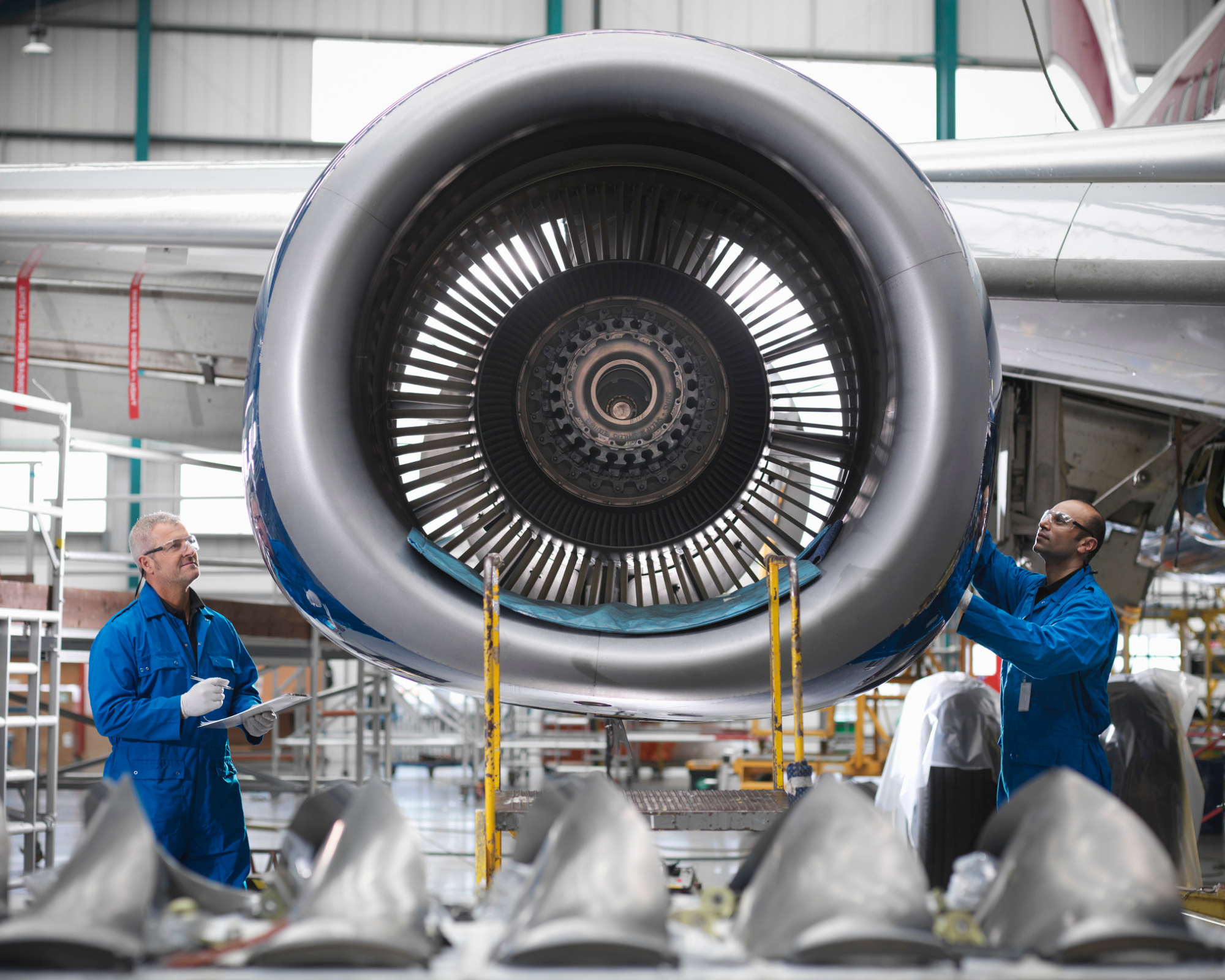 Airplane engine and workers to demonstrate aerospace technology